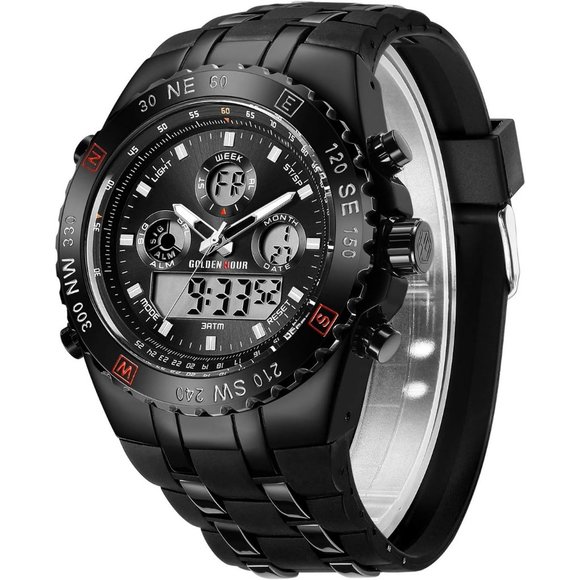 Men's Large Waterproof Stopwatch Luminous Digital Analog Watch with Rubber Band - Picture 1 of 7